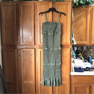 Anthropologie Mable Olive Green Sleeveless Smocked Tiered MIDI Dress - M